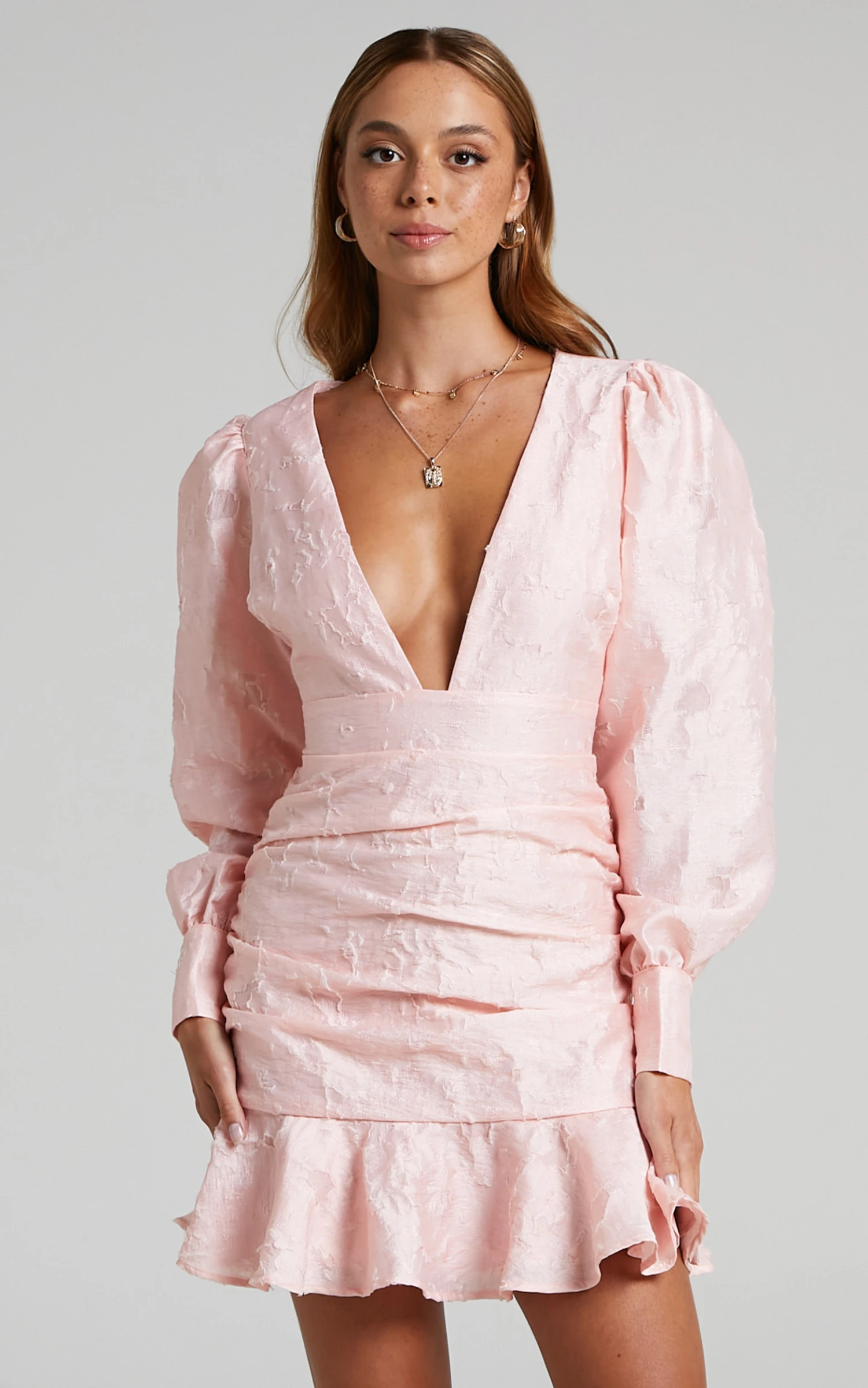 Showpo Baxia Textured Balloon Sleeve Mini Dress In Pastel Pink 2 Showpo Baxia Textured Balloon Sleeve Mini Dress In Pastel Pink - Image 2