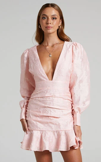 Showpo Baxia Textured Balloon Sleeve Mini Dress In Pastel Pink 1 Showpo Baxia Textured Balloon Sleeve Mini Dress In Pastel Pink