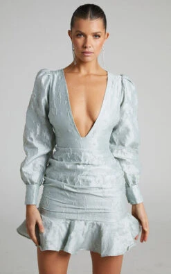 Showpo Baxia Textured Balloon Sleeve Mini Dress In Sage