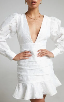 Showpo Baxia Textured Balloon Sleeve Mini Dress In White