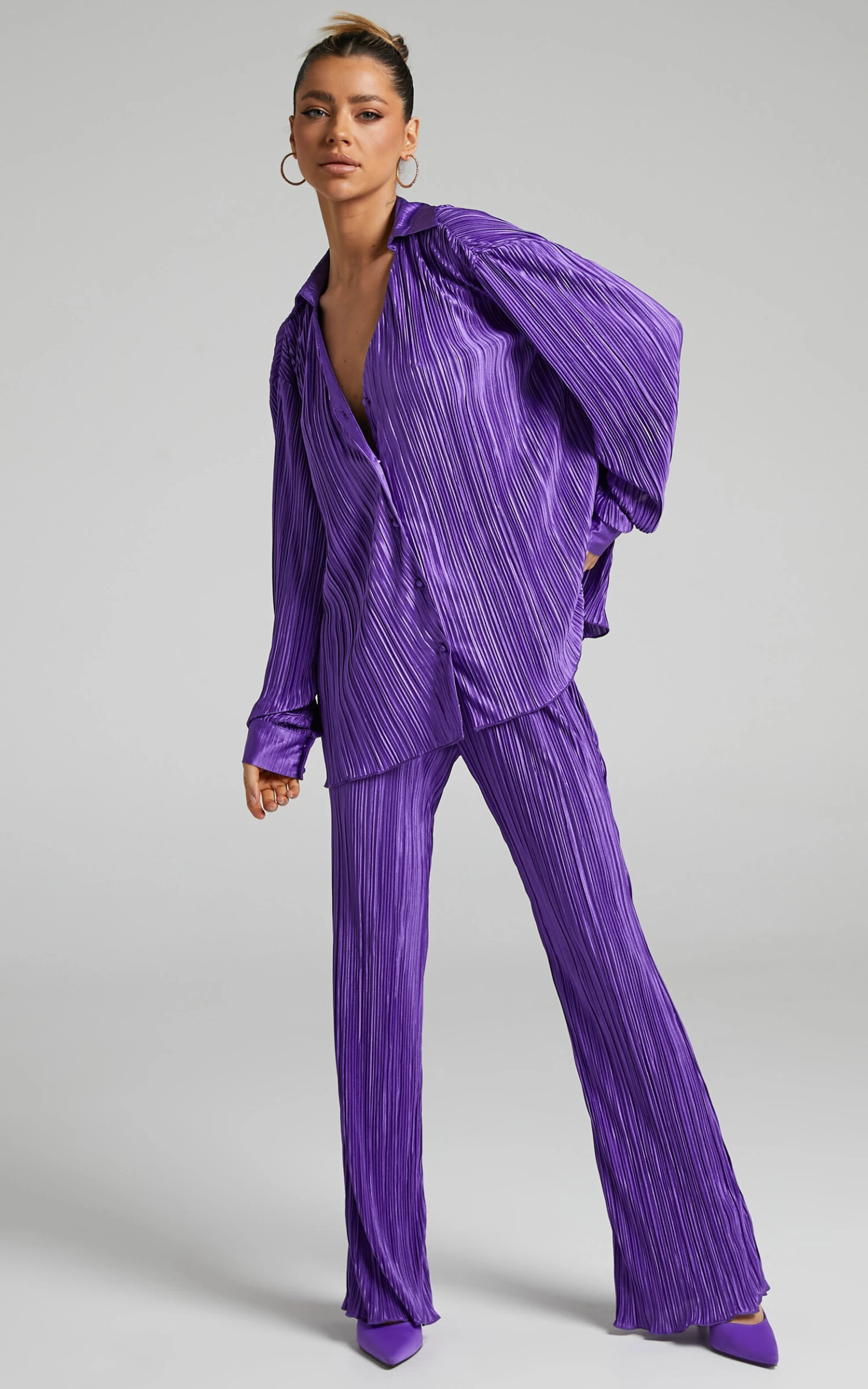 Showpo Beca Plisse Button Up Shirt In Purple 4 Showpo Beca Plisse Button Up Shirt In Purple - Image 4