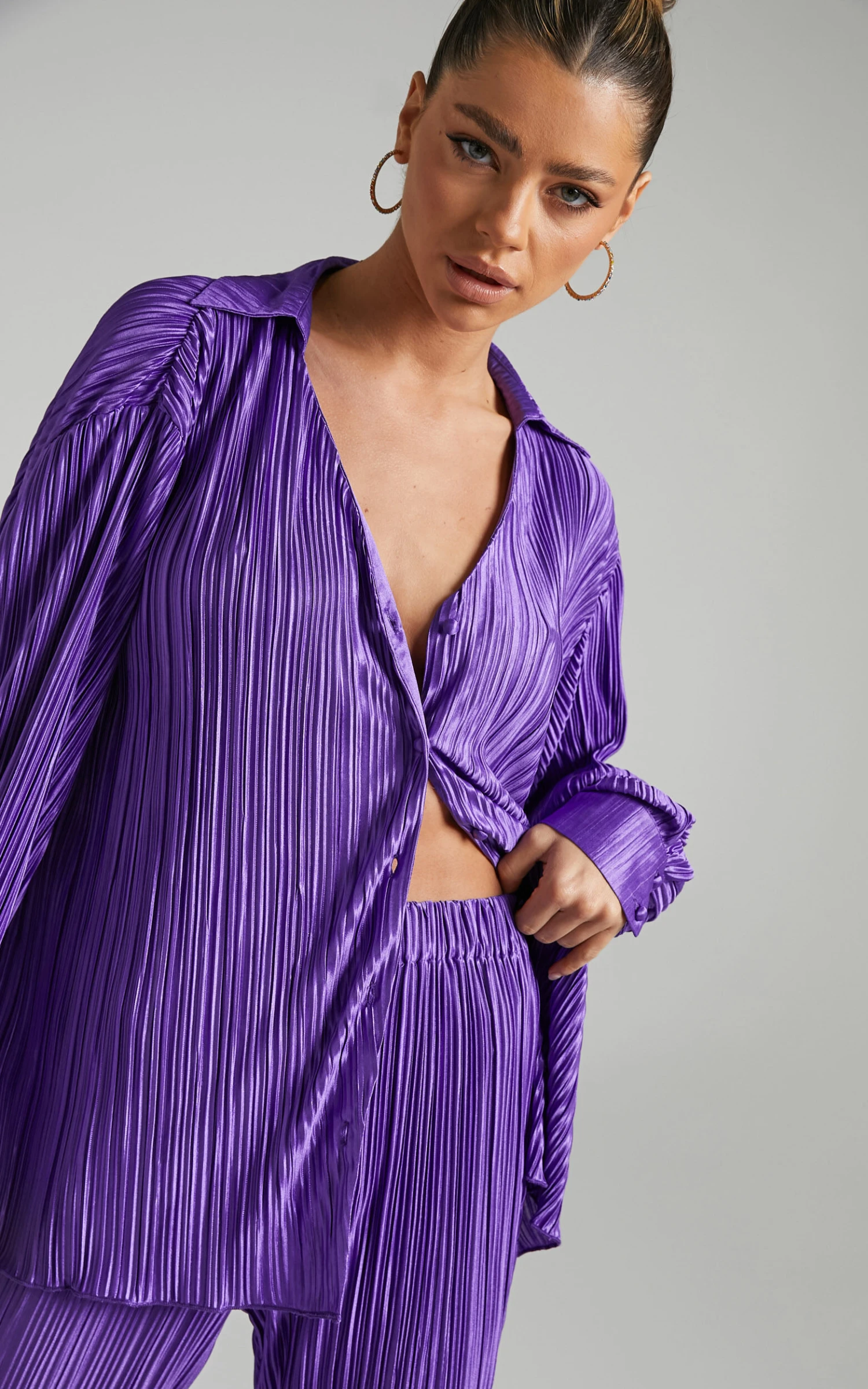 Showpo Beca Plisse Button Up Shirt In Purple 3 Showpo Beca Plisse Button Up Shirt In Purple - Image 3