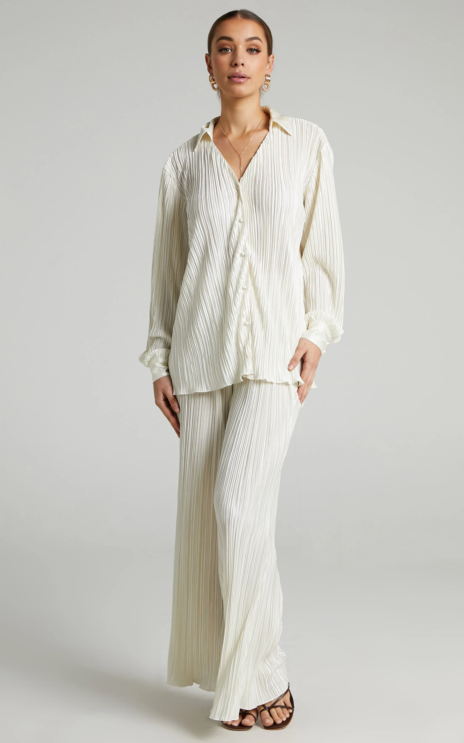 Showpo Beca Plisse Button Up Shirt In Cream 5 Showpo Beca Plisse Button Up Shirt In Cream - Image 5