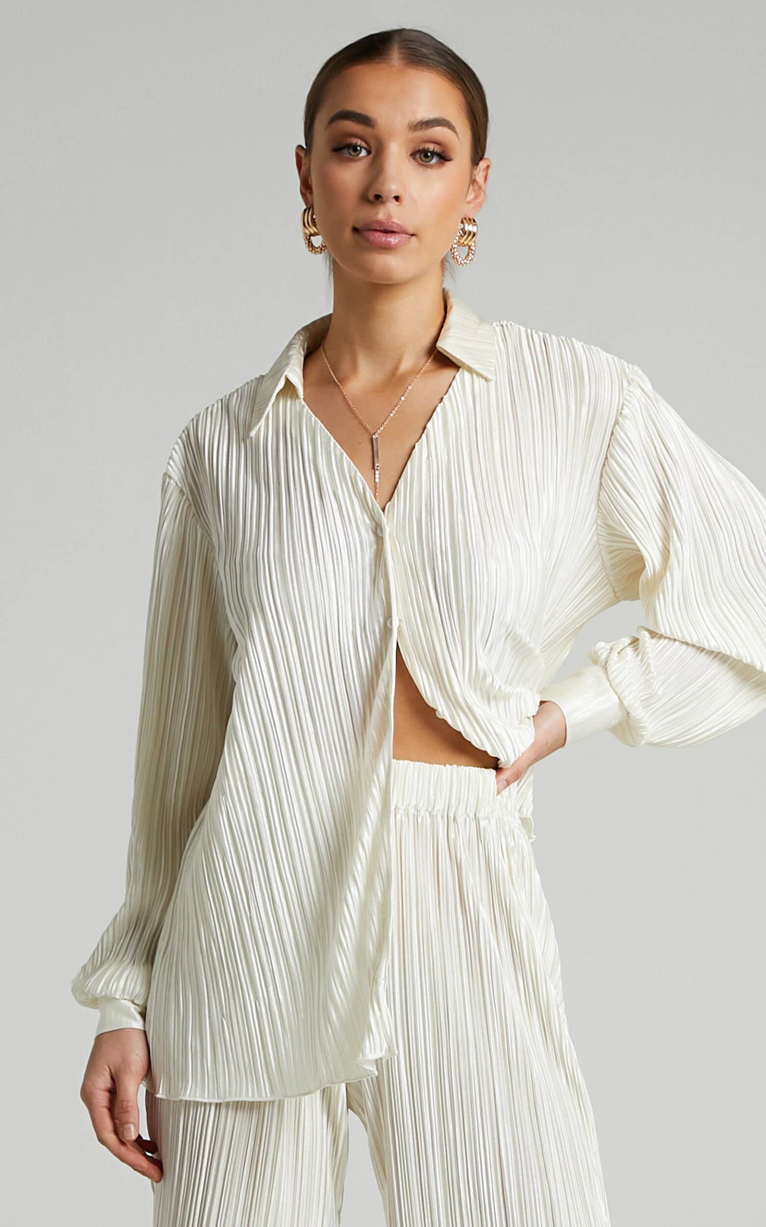Showpo Beca Plisse Button Up Shirt In Cream 2 Showpo Beca Plisse Button Up Shirt In Cream - Image 2