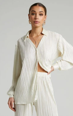 Showpo Beca Plisse Button Up Shirt In Cream