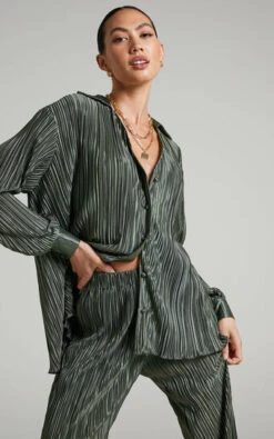 Showpo Beca Plisse Button Up Shirt In Olive
