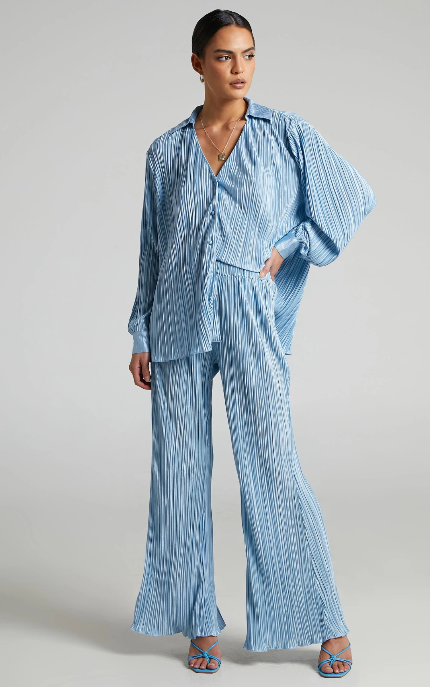 Showpo Beca High Waisted Plisse Flared Pants In Cornflower 2 Showpo Beca High Waisted Plisse Flared Pants In Cornflower - Image 2