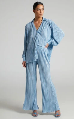 Showpo Beca High Waisted Plisse Flared Pants In Cornflower