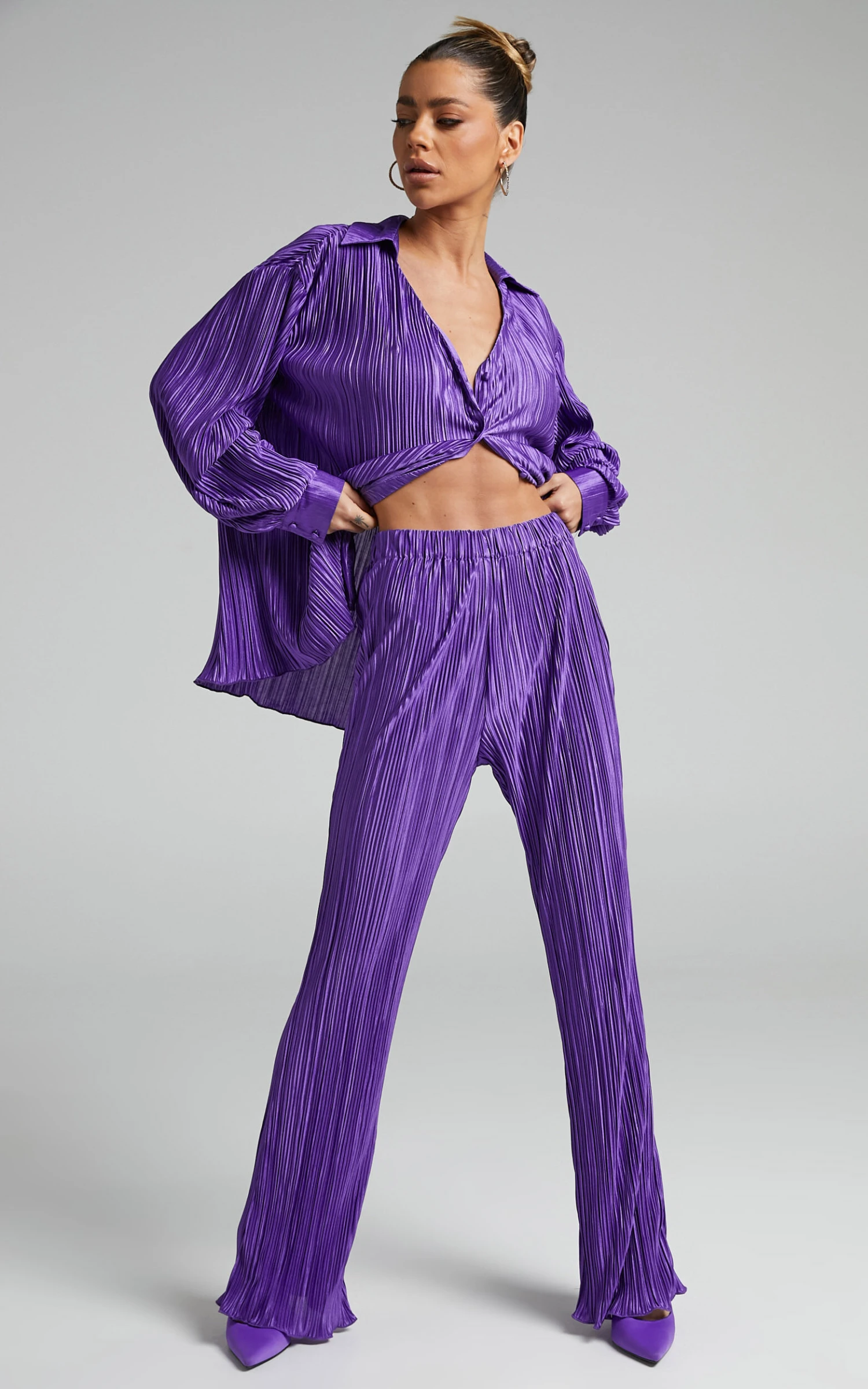 Showpo Beca High Waisted Plisse Flared Pants In Purple 2 Showpo Beca High Waisted Plisse Flared Pants In Purple - Image 2