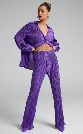 Showpo Beca High Waisted Plisse Flared Pants In Purple 1 Showpo Beca High Waisted Plisse Flared Pants In Purple