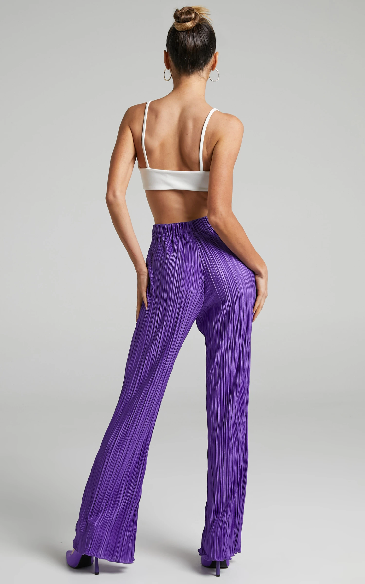 Showpo Beca High Waisted Plisse Flared Pants In Purple 5 Showpo Beca High Waisted Plisse Flared Pants In Purple - Image 5
