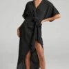 Showpo Bellia Tie Waist Kimono Sleeve Wrap Midi Dress In Black