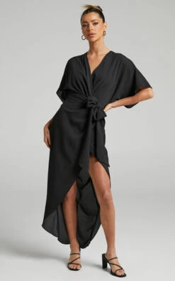 Showpo Bellia Tie Waist Kimono Sleeve Wrap Midi Dress In Black