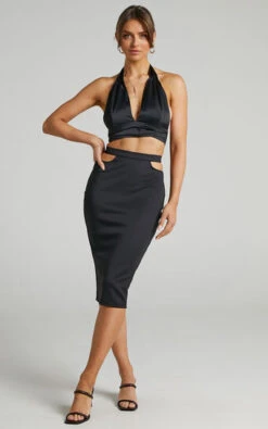 Showpo Bevin Waist Cutout Midi Skirt In Black