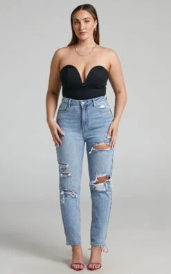 Showpo Billie High Waisted Recycled Cotton Distressed Mom Jeans In Mid Blue Wash 10 Showpo Billie High Waisted Recycled Cotton Distressed Mom Jeans In Mid Blue Wash -Showpo Women's Clothing Store Billie Distressed Mum Jeans in Mid Blue Wash 2528SB22010034012529