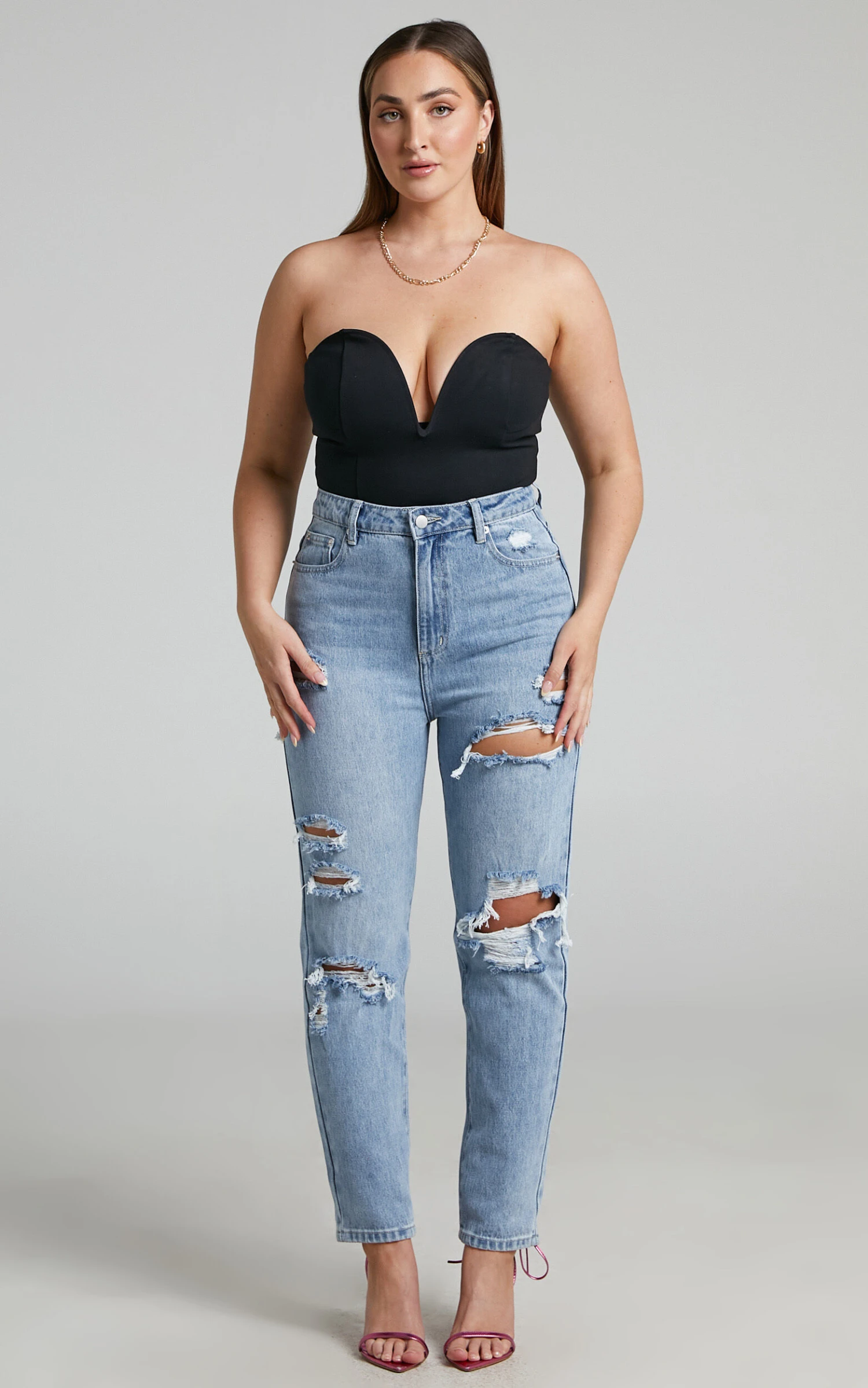 Showpo Billie High Waisted Recycled Cotton Distressed Mom Jeans In Mid Blue Wash 4 Showpo Billie High Waisted Recycled Cotton Distressed Mom Jeans In Mid Blue Wash - Image 4