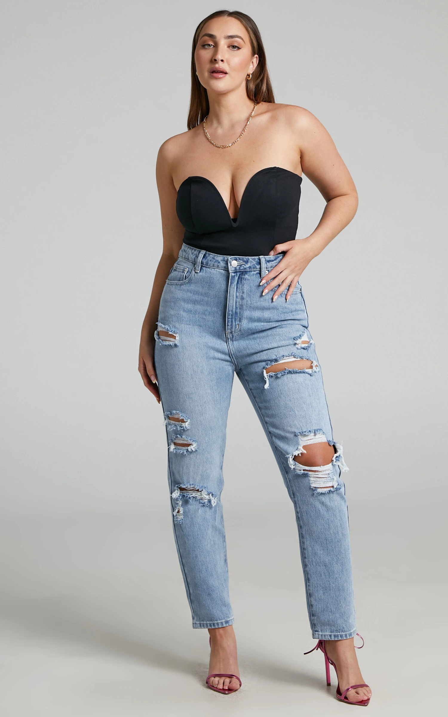 Showpo Billie High Waisted Recycled Cotton Distressed Mom Jeans In Mid Blue Wash 2 Showpo Billie High Waisted Recycled Cotton Distressed Mom Jeans In Mid Blue Wash - Image 2