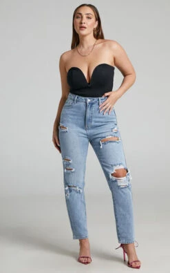 Showpo Billie High Waisted Recycled Cotton Distressed Mom Jeans In Mid Blue Wash