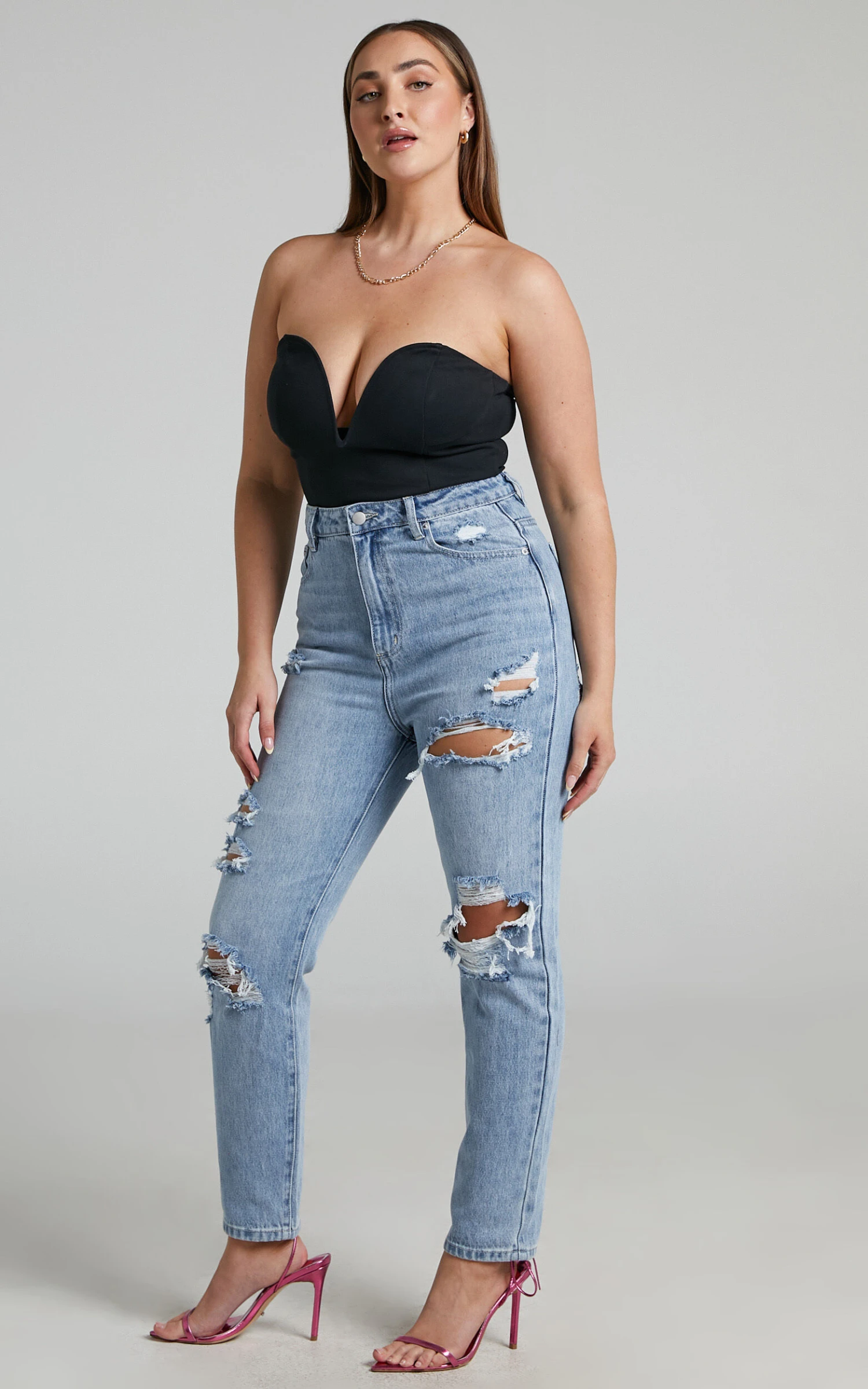 Showpo Billie High Waisted Recycled Cotton Distressed Mom Jeans In Mid Blue Wash 5 Showpo Billie High Waisted Recycled Cotton Distressed Mom Jeans In Mid Blue Wash - Image 5