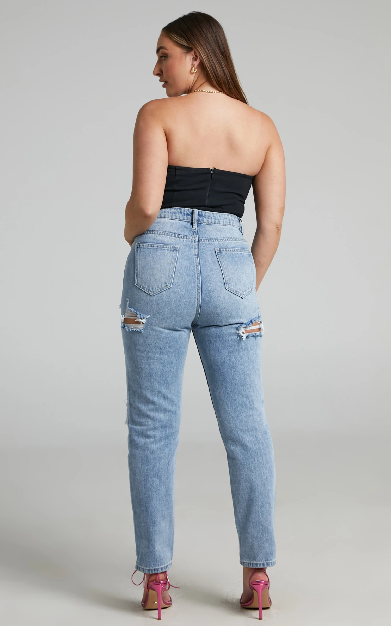 Showpo Billie High Waisted Recycled Cotton Distressed Mom Jeans In Mid Blue Wash 3 Showpo Billie High Waisted Recycled Cotton Distressed Mom Jeans In Mid Blue Wash - Image 3