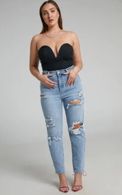 Showpo Billie High Waisted Recycled Cotton Distressed Mom Jeans In Mid Blue Wash 12 Showpo Billie High Waisted Recycled Cotton Distressed Mom Jeans In Mid Blue Wash -Showpo Women's Clothing Store Billie Distressed Mum Jeans in Mid Blue Wash 2528SB22010034012529 4