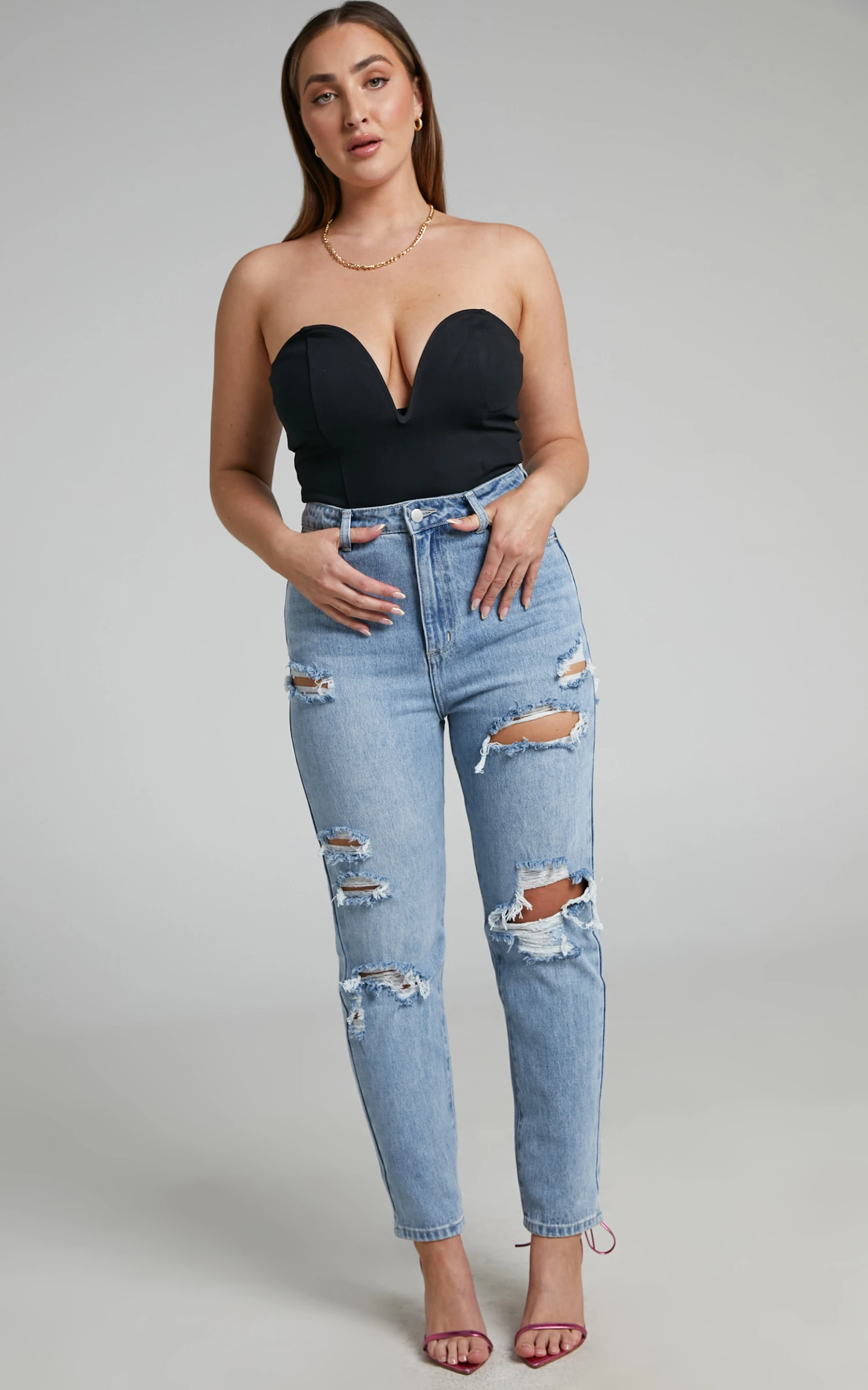 Showpo Billie High Waisted Recycled Cotton Distressed Mom Jeans In Mid Blue Wash 6 Showpo Billie High Waisted Recycled Cotton Distressed Mom Jeans In Mid Blue Wash - Image 6