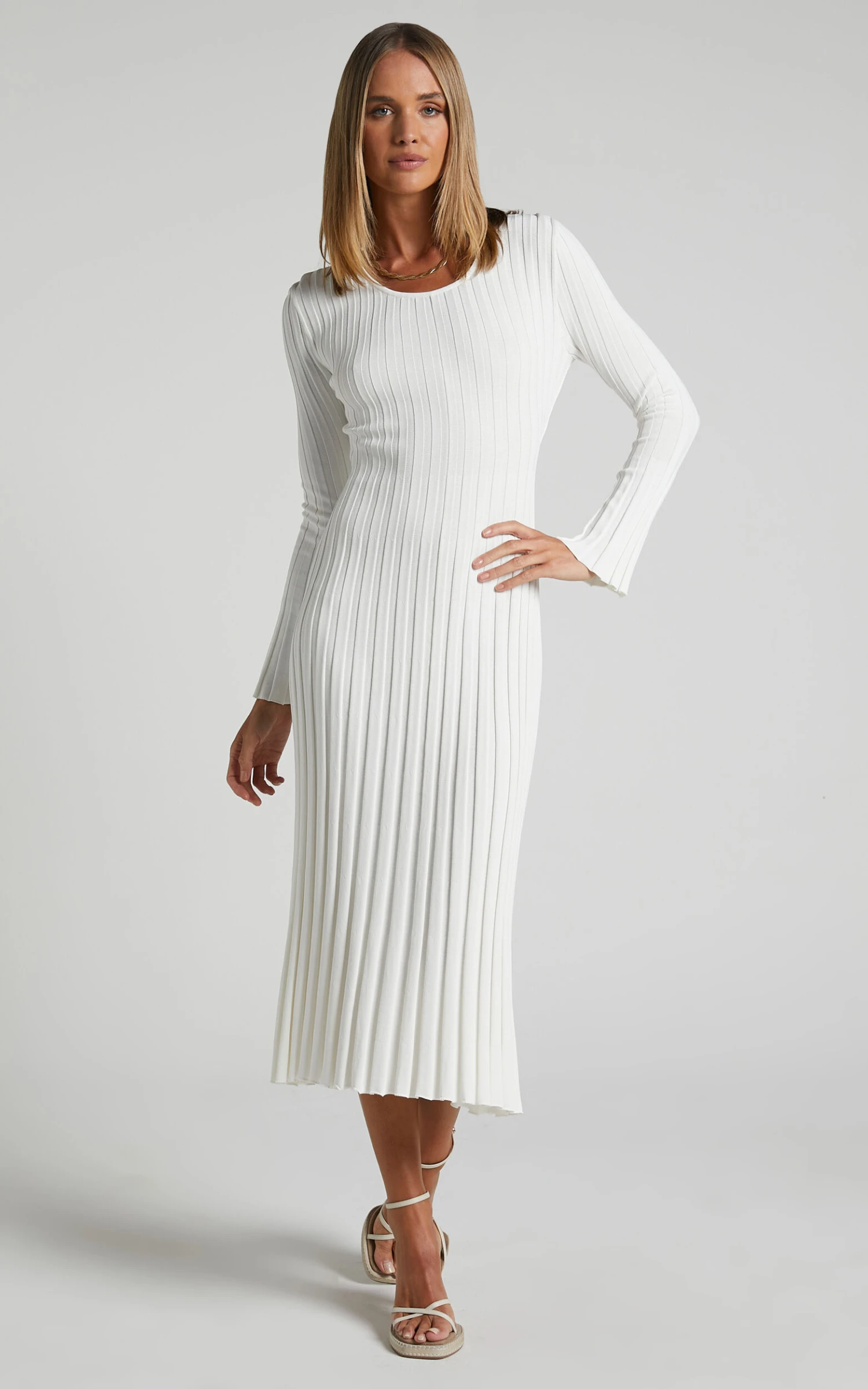 Showpo Blaire Long Sleeve Knit Flare Midi Dress In Ivory 4 Showpo Blaire Long Sleeve Knit Flare Midi Dress In Ivory - Image 4