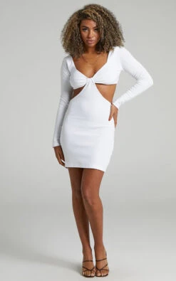 Showpo Blanchett Long Sleeve Mini Dress In Off White