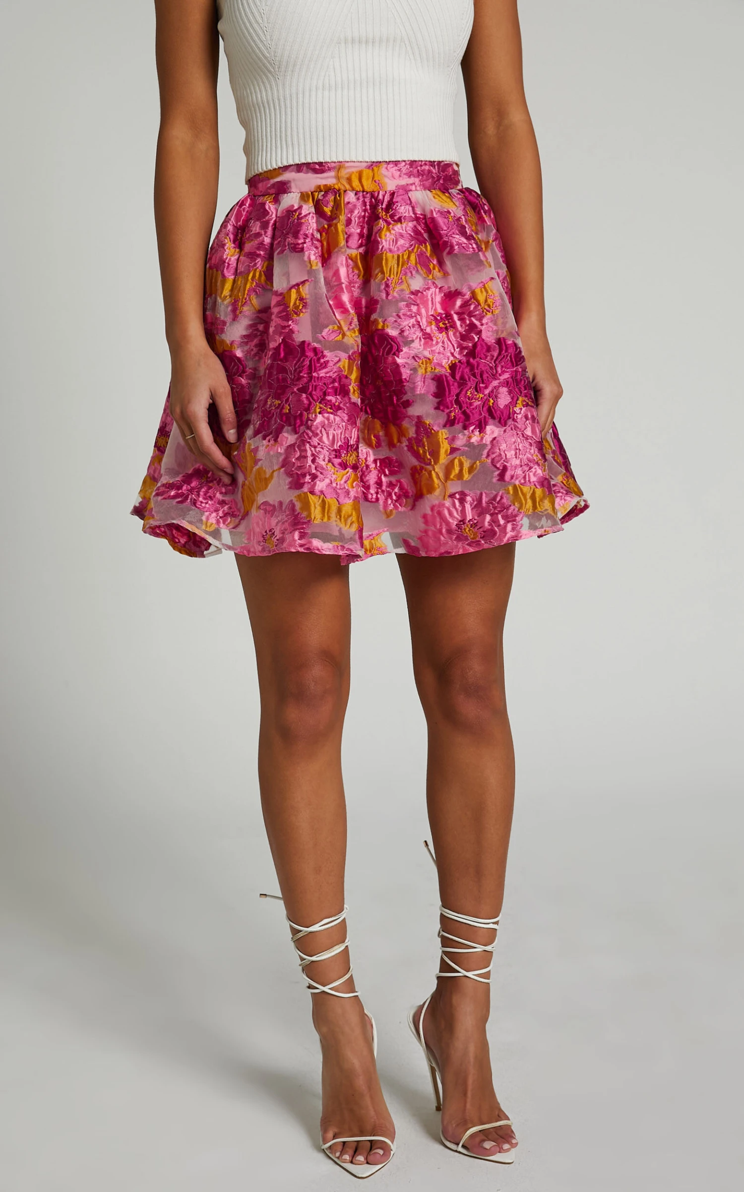 Showpo Brailey Full Mini Skirt In Pink Jacquard 3 Showpo Brailey Full Mini Skirt In Pink Jacquard - Image 3
