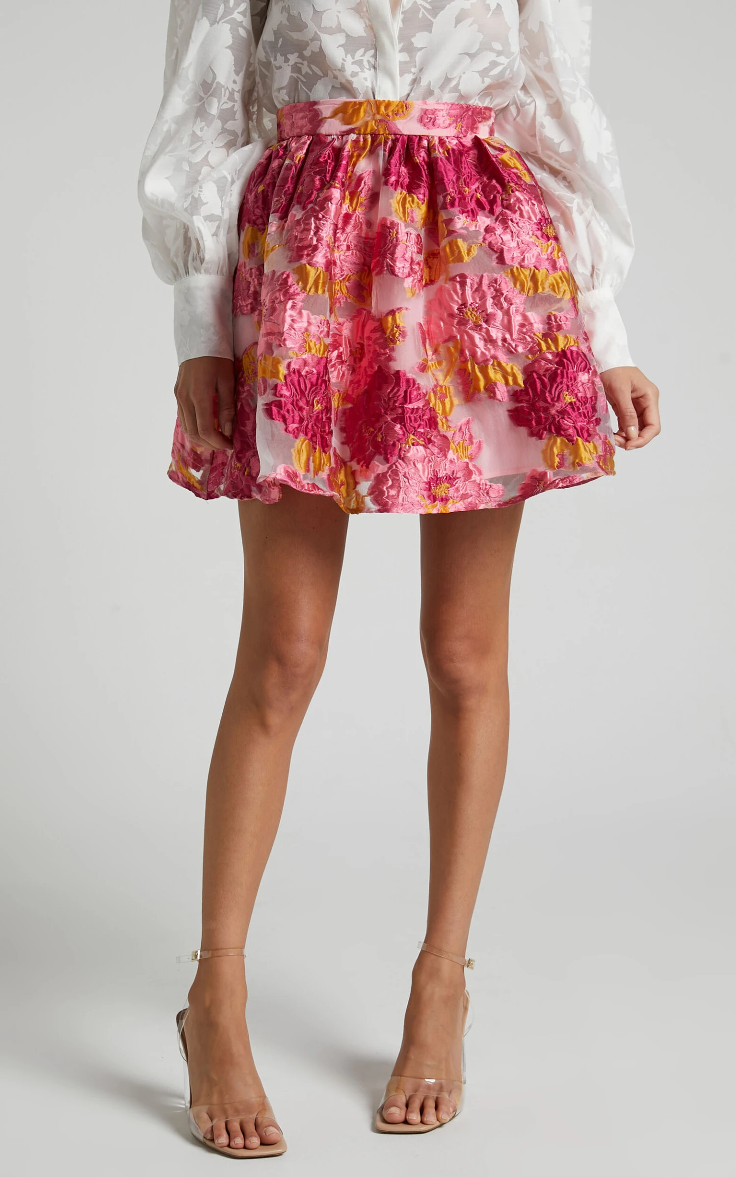 Showpo Brailey Full Mini Skirt In Pink Jacquard 5 Showpo Brailey Full Mini Skirt In Pink Jacquard - Image 5