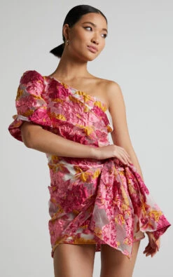 Showpo Brailey Mini Dress - One Shoulder Puff Sleeve Dress In Pink Jacquard 12 Showpo Brailey Mini Dress - One Shoulder Puff Sleeve Dress In Pink Jacquard -Showpo Women's Clothing Store Brailey One Shoulder Puff Sleeve Mini Dress in Pink 2