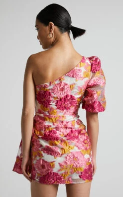 Showpo Brailey Mini Dress - One Shoulder Puff Sleeve Dress In Pink Jacquard 16 Showpo Brailey Mini Dress - One Shoulder Puff Sleeve Dress In Pink Jacquard -Showpo Women's Clothing Store Brailey One Shoulder Puff Sleeve Mini Dress in Pink 5