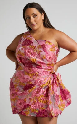 Showpo Brailey One Shoulder Wrap Front Mini Dress In Pink Jacquard 12 Showpo Brailey One Shoulder Wrap Front Mini Dress In Pink Jacquard -Showpo Women's Clothing Store Brailey One Shoulder Wrap Front Mini Dress in Pink Jacquard 3