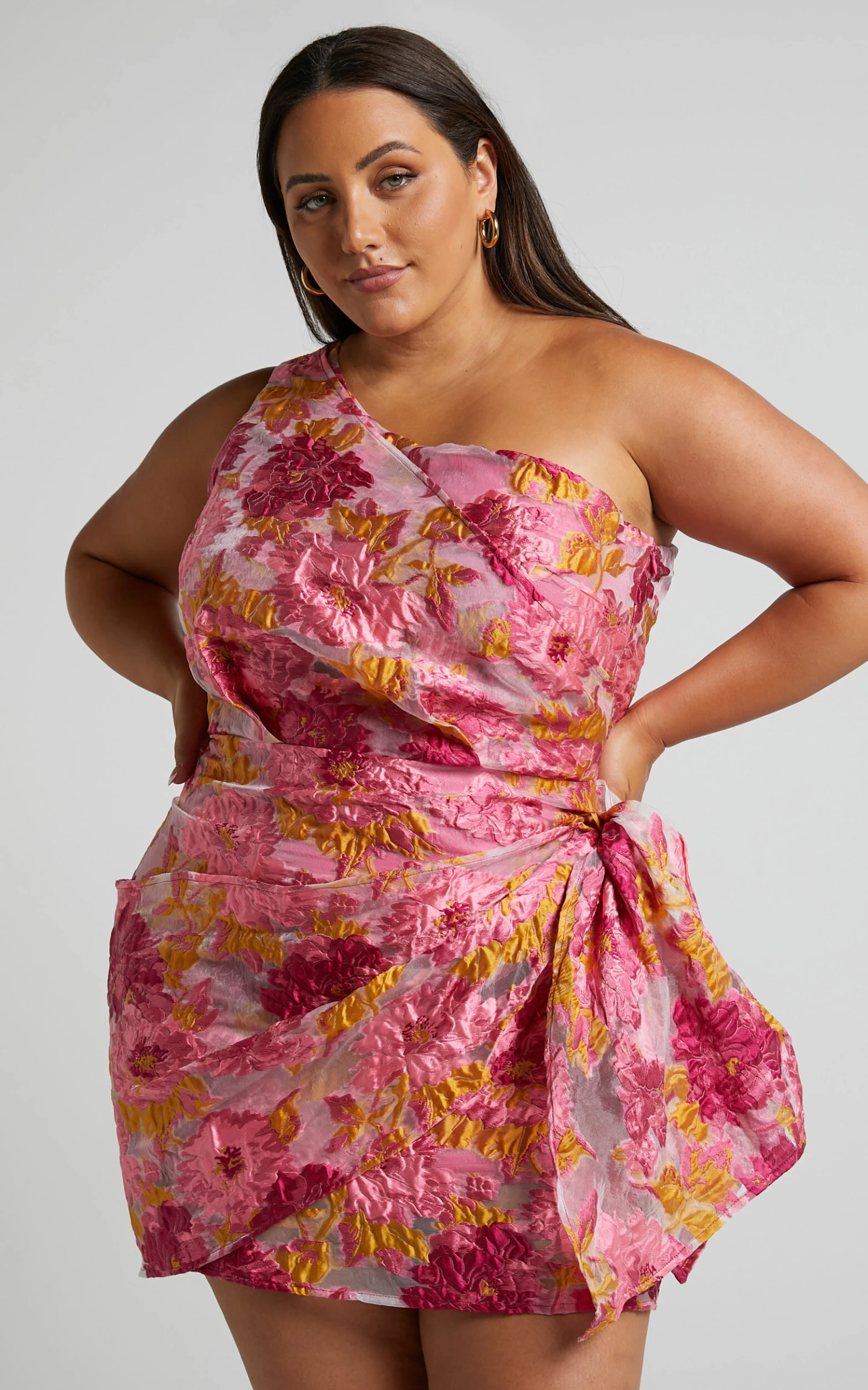 Showpo Brailey One Shoulder Wrap Front Mini Dress In Pink Jacquard 4 Showpo Brailey One Shoulder Wrap Front Mini Dress In Pink Jacquard - Image 4