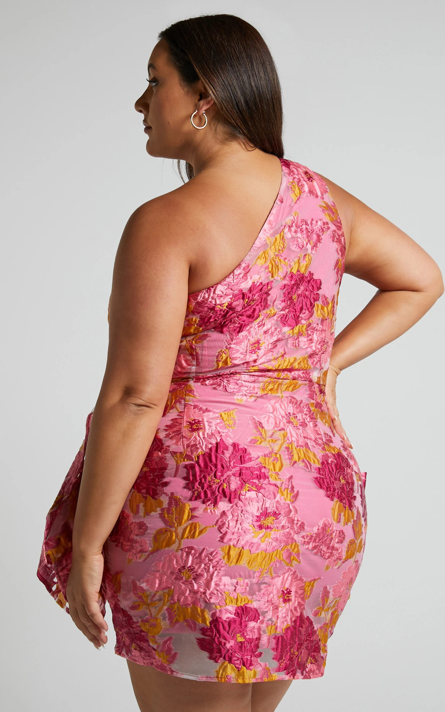 Showpo Brailey One Shoulder Wrap Front Mini Dress In Pink Jacquard 8 Showpo Brailey One Shoulder Wrap Front Mini Dress In Pink Jacquard - Image 8