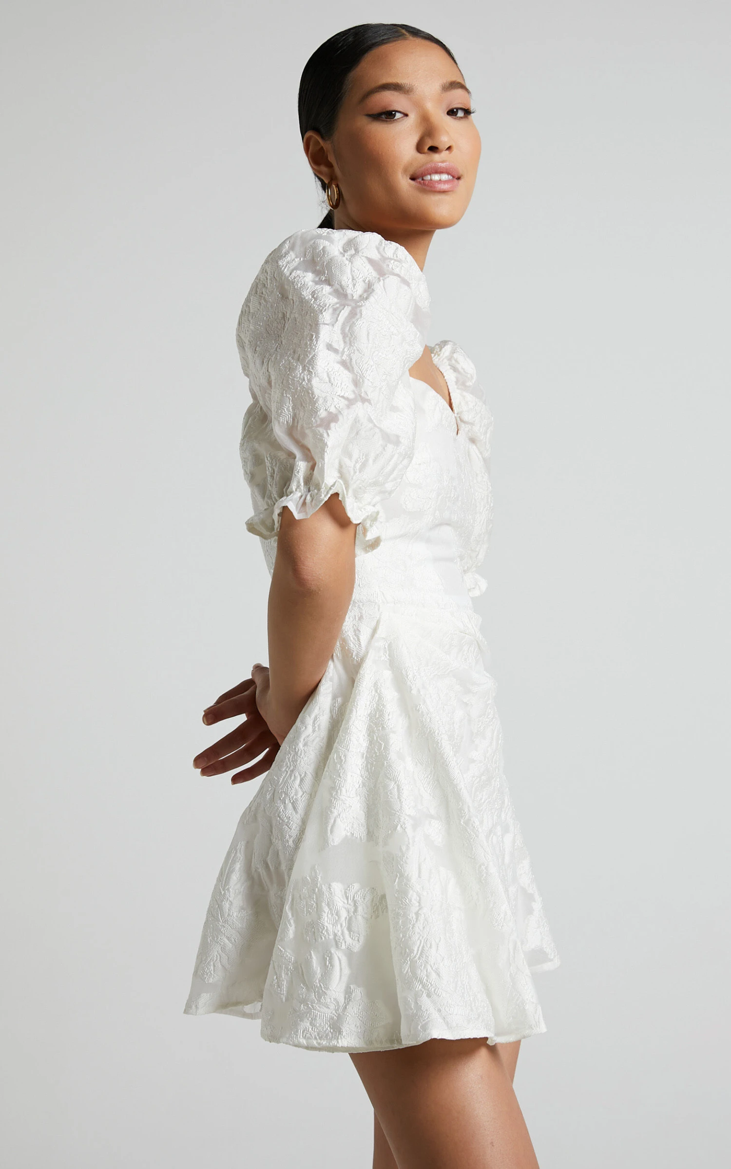 Showpo Brailey Mini Dress - Puff Sleeve Fit And Flare Dress In White 6 Showpo Brailey Mini Dress - Puff Sleeve Fit And Flare Dress In White - Image 6