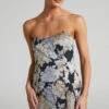 Showpo Brailey Strapless Mini Dress In Black, Silver & Gold Jacquard