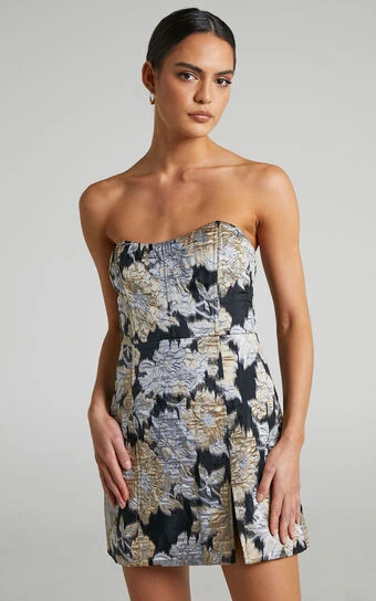 Showpo Brailey Strapless Mini Dress In Black, Silver & Gold Jacquard 1 Showpo Brailey Strapless Mini Dress In Black, Silver & Gold Jacquard