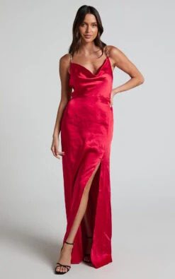 Showpo Bravia Chain Strap Open Back Satin Maxi Dress In Red -Showpo Women's Clothing Store Bravia Chain Strap Open Back Satin Maxi Dress in Red