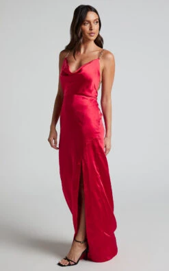 Showpo Bravia Chain Strap Open Back Satin Maxi Dress In Red -Showpo Women's Clothing Store Bravia Chain Strap Open Back Satin Maxi Dress in Red 2