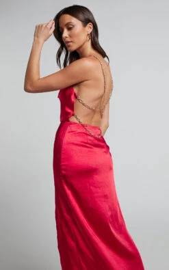 Showpo Bravia Chain Strap Open Back Satin Maxi Dress In Red -Showpo Women's Clothing Store Bravia Chain Strap Open Back Satin Maxi Dress in Red 6