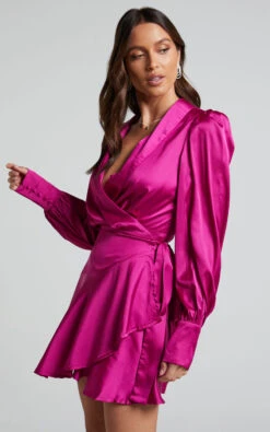 Showpo Breeana Wrap Mini Dress In Magenta -Showpo Women's Clothing Store Breeana Wrap Mini Dress in Magenta 3