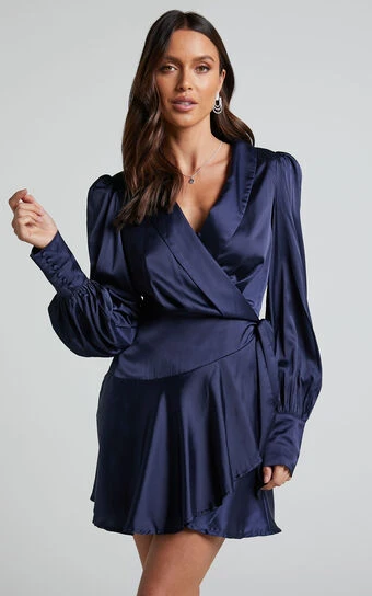 Showpo Breeana Wrap Mini Dress In Navy 1 Showpo Breeana Wrap Mini Dress In Navy