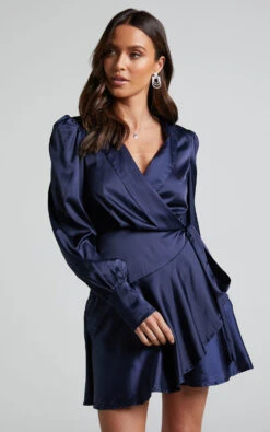 Showpo Breeana Wrap Mini Dress In Navy 13 Showpo Breeana Wrap Mini Dress In Navy -Showpo Women's Clothing Store Breeana Wrap Mini Dress in Navy 3