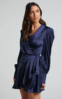 Showpo Breeana Wrap Mini Dress In Navy 15 Showpo Breeana Wrap Mini Dress In Navy -Showpo Women's Clothing Store Breeana Wrap Mini Dress in Navy 4