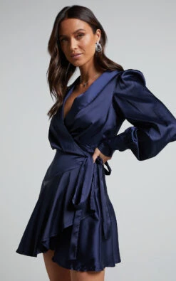 Showpo Breeana Wrap Mini Dress In Navy 12 Showpo Breeana Wrap Mini Dress In Navy -Showpo Women's Clothing Store Breeana Wrap Mini Dress in Navy 6