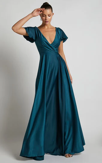 Showpo Bridgette Flutter Sleeve V-Neck Wrap Maxi Dress In Emerald 1 Showpo Bridgette Flutter Sleeve V-Neck Wrap Maxi Dress In Emerald