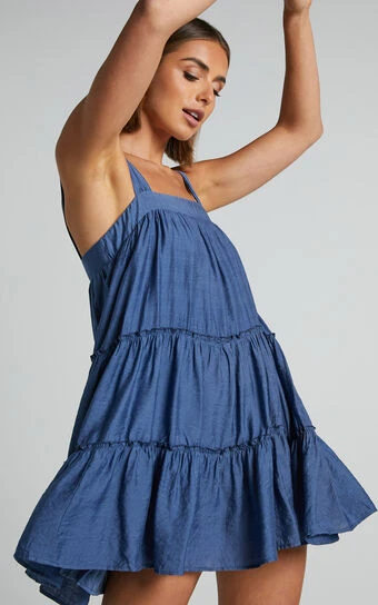 Showpo Brookie Tiered Mini Dress In Dark Blue 1 Showpo Brookie Tiered Mini Dress In Dark Blue