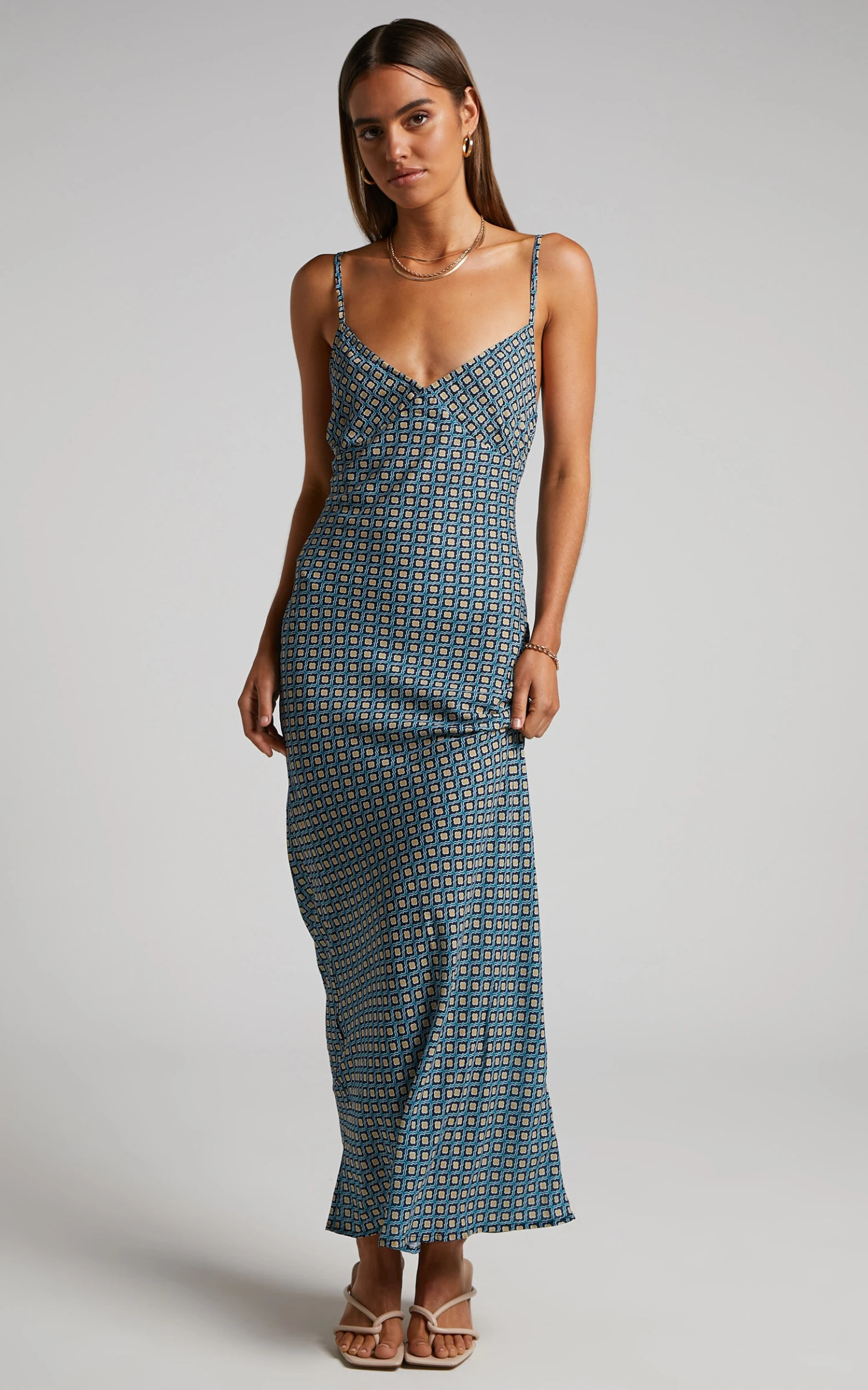Showpo Brunita Maxi Dress - V Neck Low Scoop Back Slip Dress In Tile Geo 2 Showpo Brunita Maxi Dress - V Neck Low Scoop Back Slip Dress In Tile Geo - Image 2
