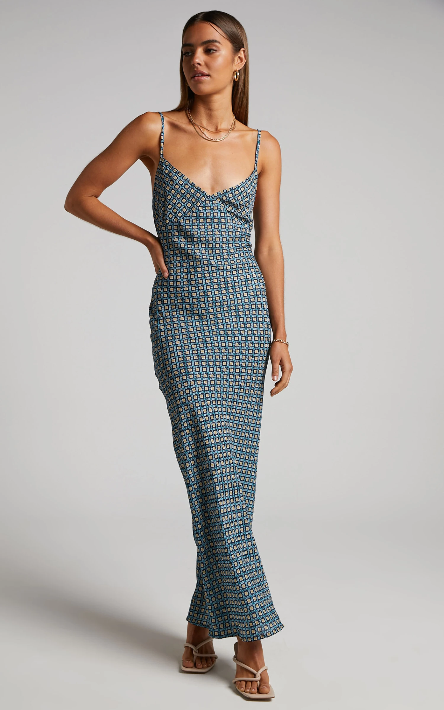 Showpo Brunita Maxi Dress - V Neck Low Scoop Back Slip Dress In Tile Geo 4 Showpo Brunita Maxi Dress - V Neck Low Scoop Back Slip Dress In Tile Geo - Image 4